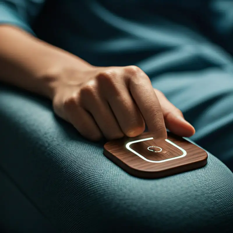 Close up of a hand resting comfortably on a soft, fabric-covered armchair. The thumb is poised over a sleek, minimalist wooden button with a glowing LED rim. The lighting is warm and macro-focused, emphasizing the texture of the fabric and the calm stability of the hand. The background is a soft-focus clinical setting that looks more like a luxury spa.